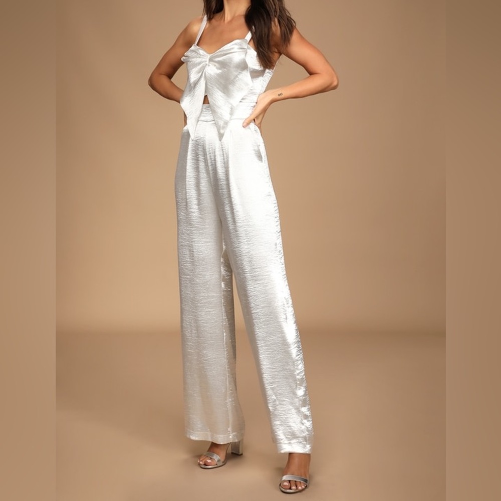 NEW White Satin Jumpsuit with Bow